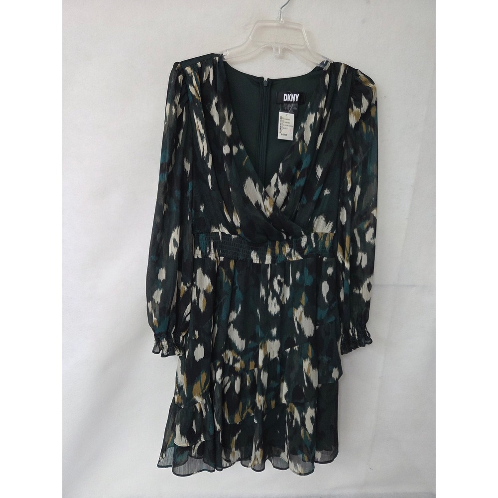 DKNY Pine Multi Abstract V-Neck Smocked Tiered Ruffle Mini Dress Size 6 NWT